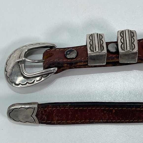 Vintage Western Style Sterling Silver Brown Leather Belt 29\'\' Boho Equestrian main image 8